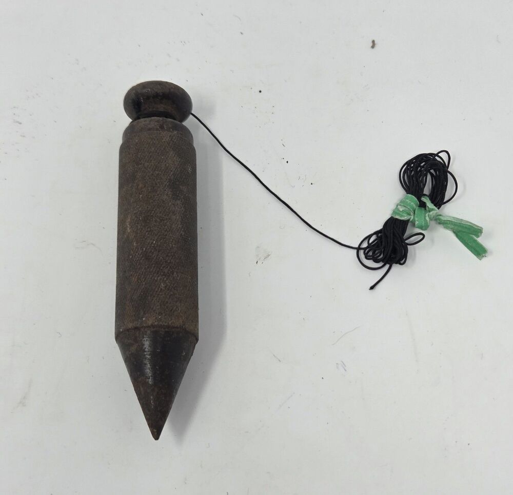 Vintage Steel Plumb Bob ~5” Knurled Body Carpenter Mason Survey Tool w/ String